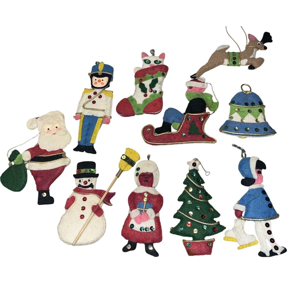 VTG Bucilla? Handmade Felt Sequins Christmas Ornaments Lot 10
